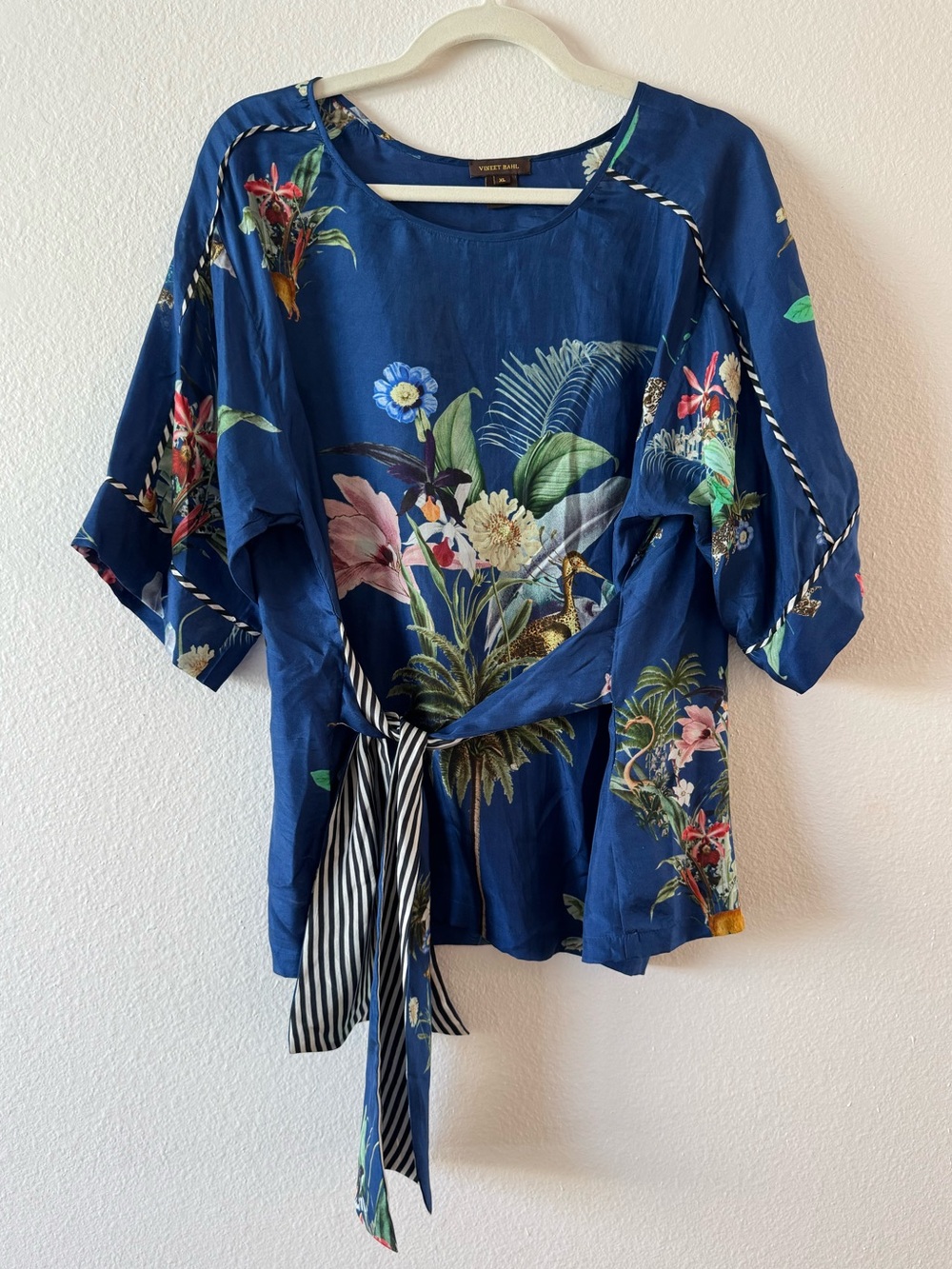 Anthropologie Blue Floral Tie-Waist Silk Women's Top